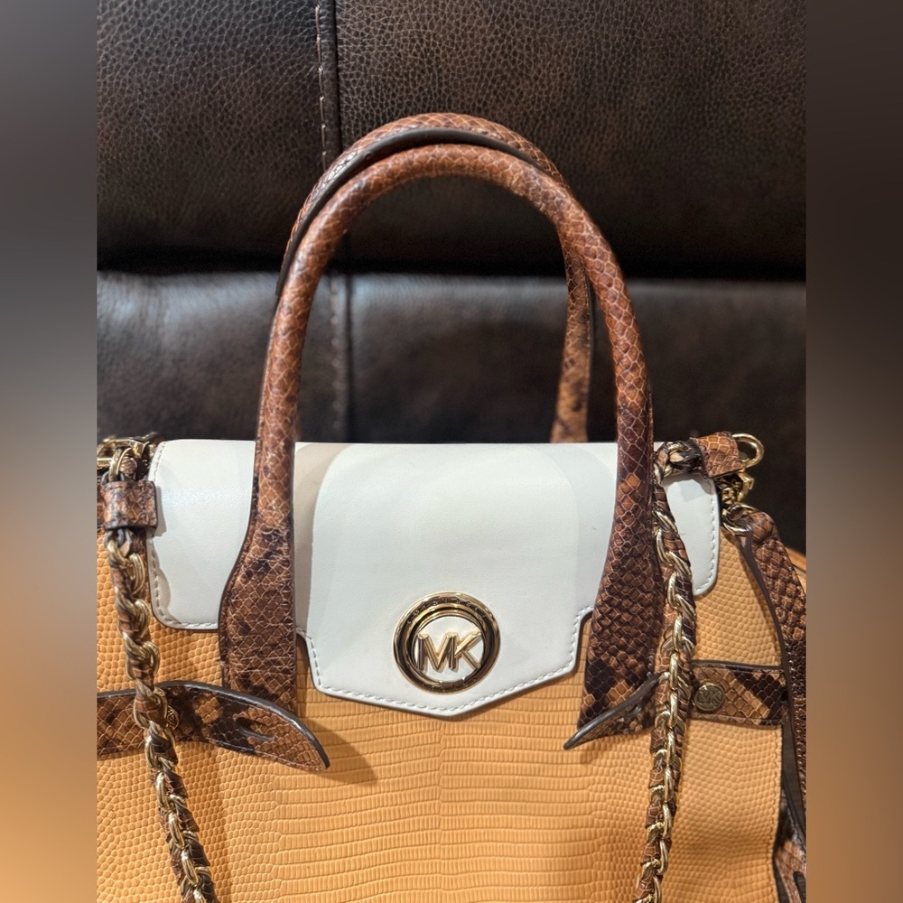 Michael Kors Carmen Small Flap Satchel Cider Multi Embossed Leather Bag - Picture 16 of 16
